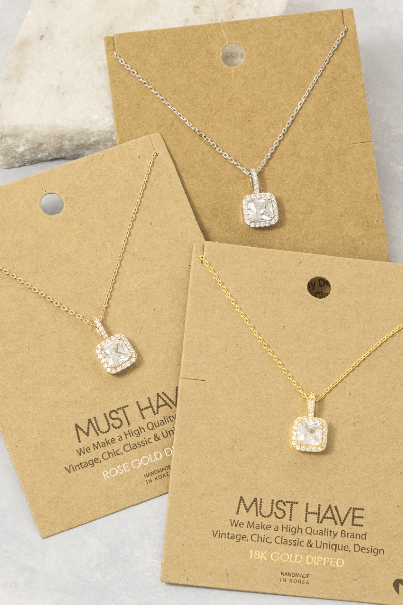 Gold Dipped Square Rhinestone Pendant Necklace