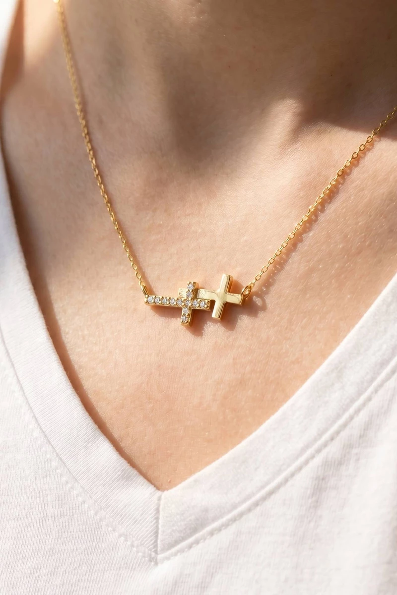 18K Gold Dipped Cz Sideways Double Cross Necklace