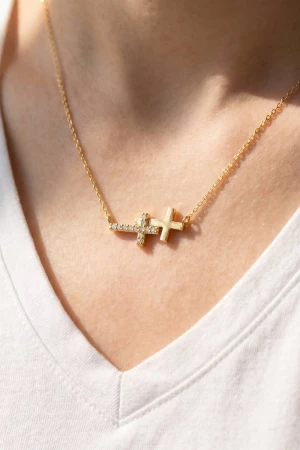18K Gold Dipped Cz Sideways Double Cross Necklace