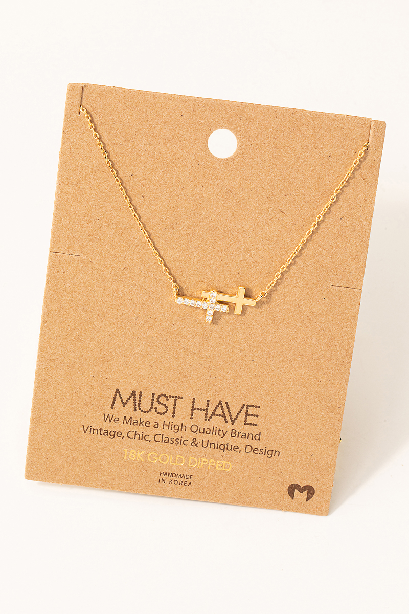 Gold Dipped Double Cross Pendant Necklace