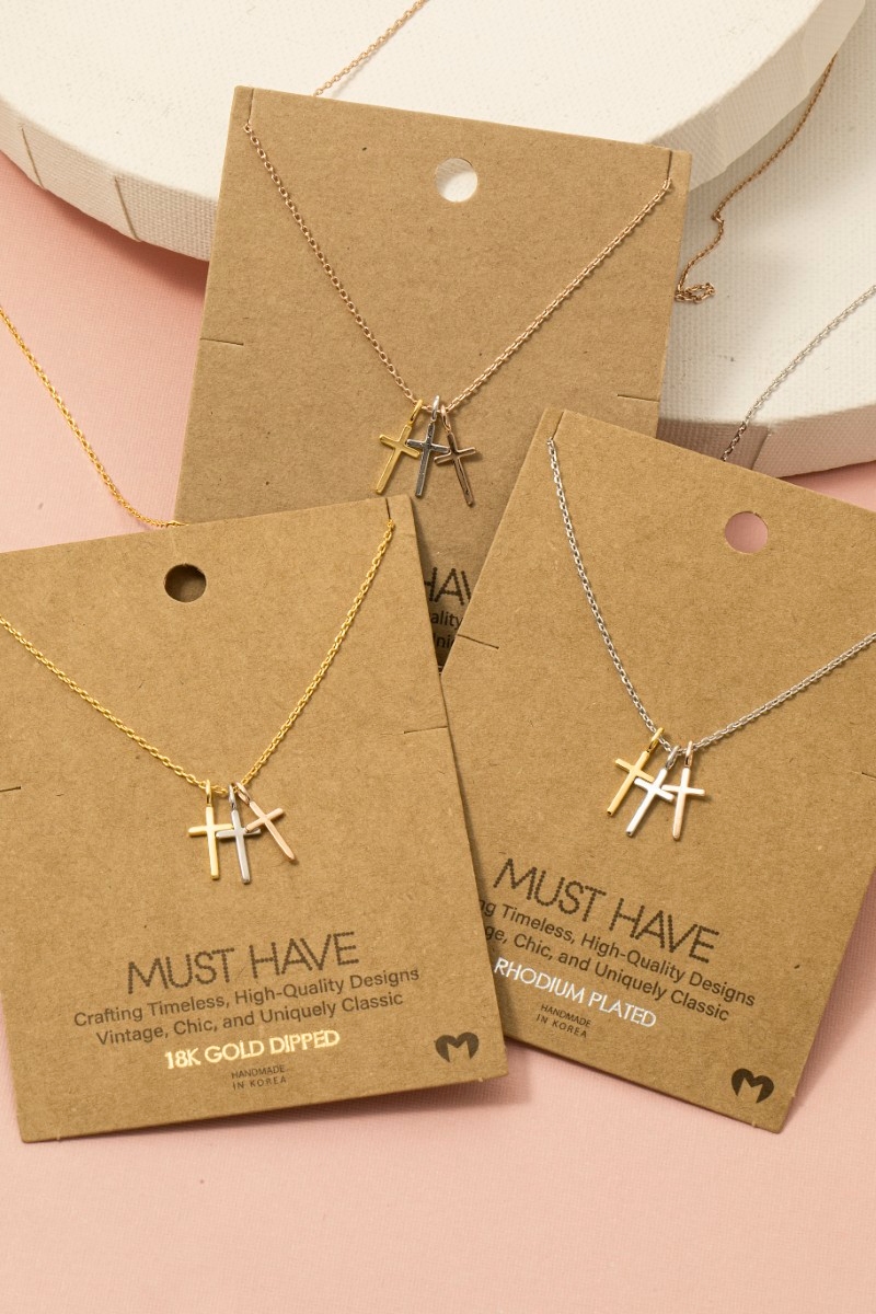 Gold Dipped Triple Cross Pendant Necklace