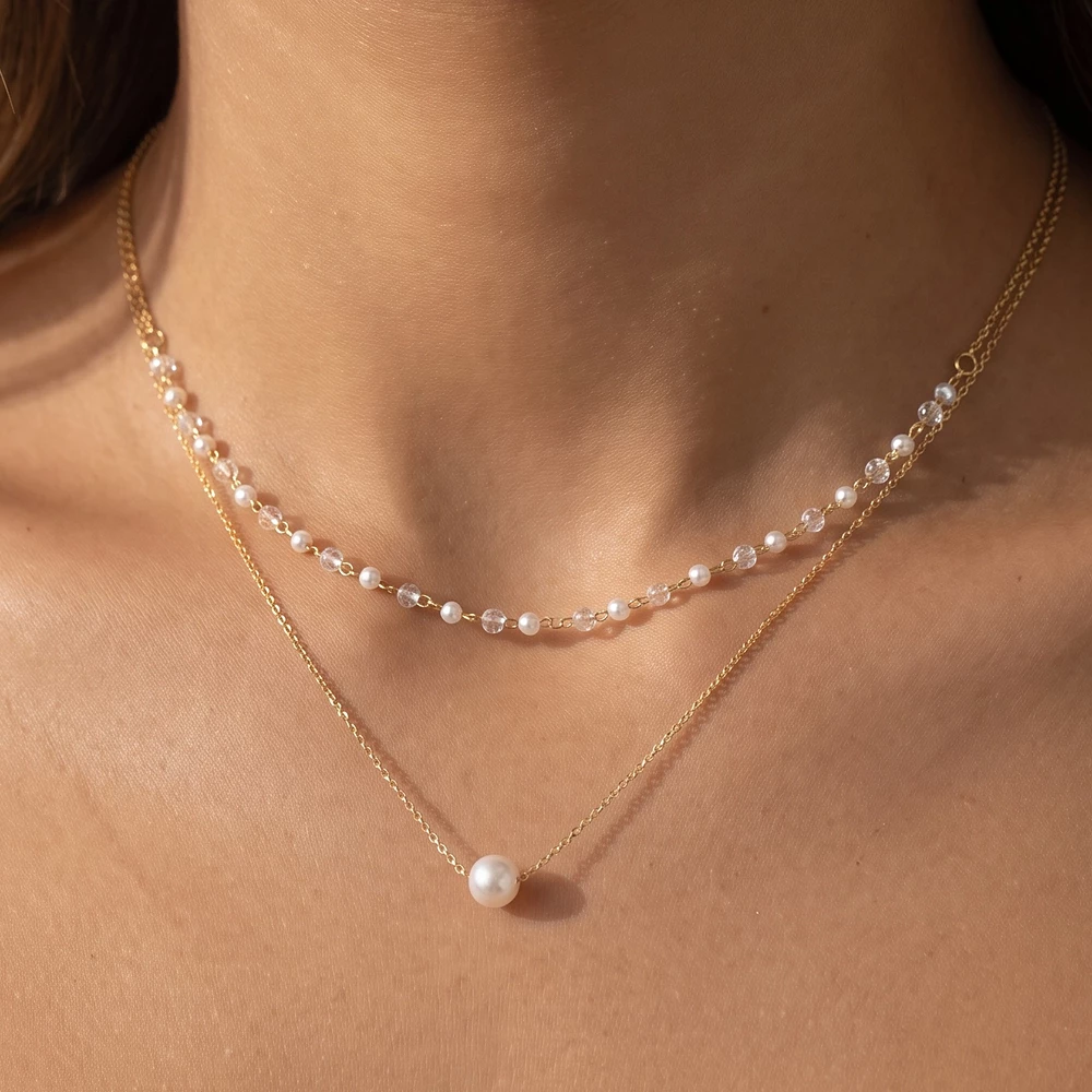 Two Row Pearl And Crystal Layered Necklace