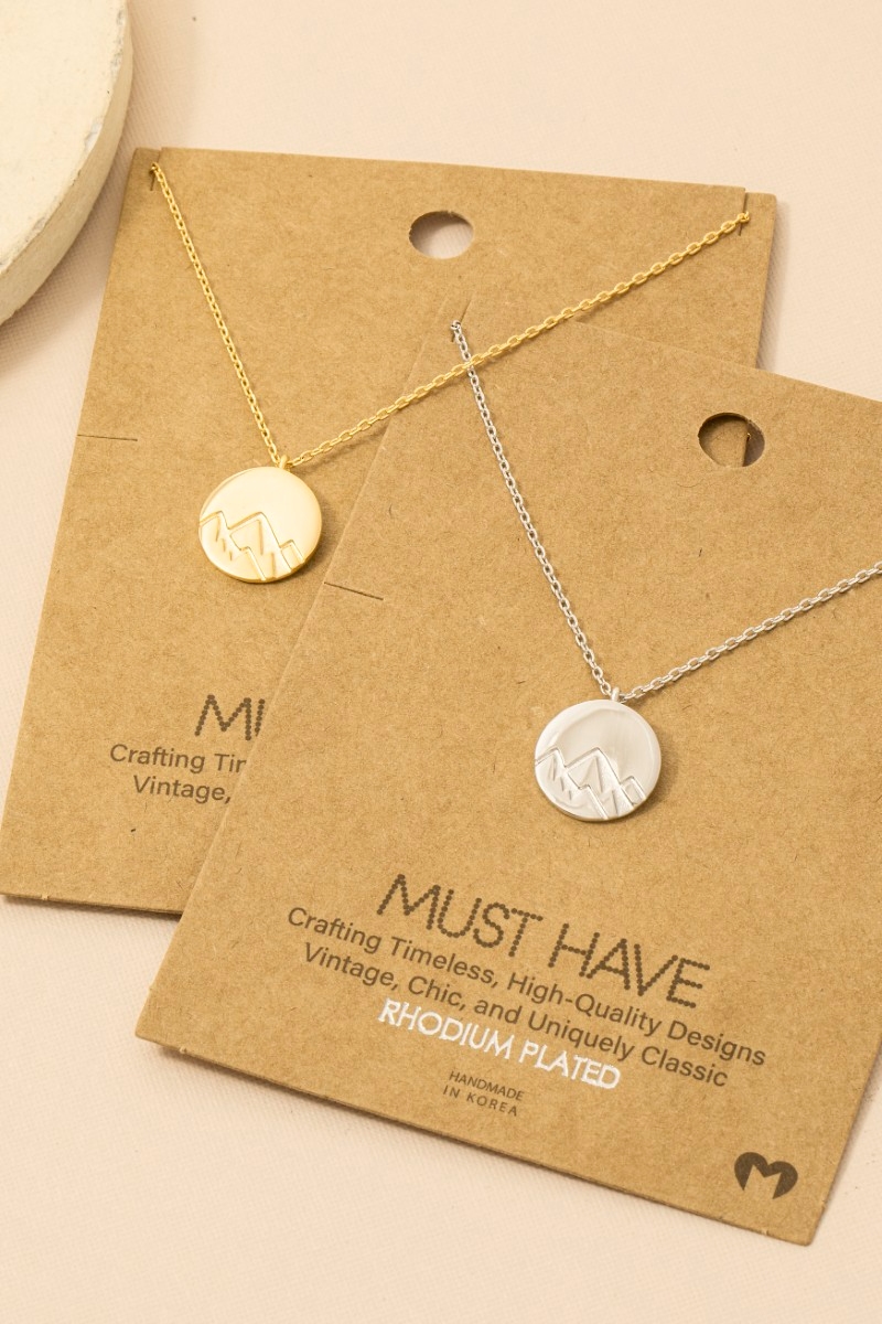 Gold Dipped Etched Mountain Coin Pendant Necklace