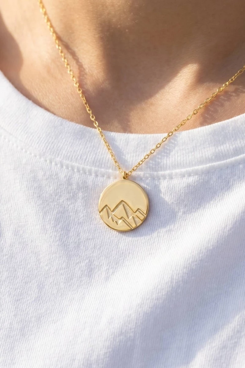 Gold Dipped Etched Mountain Coin Pendant Necklace