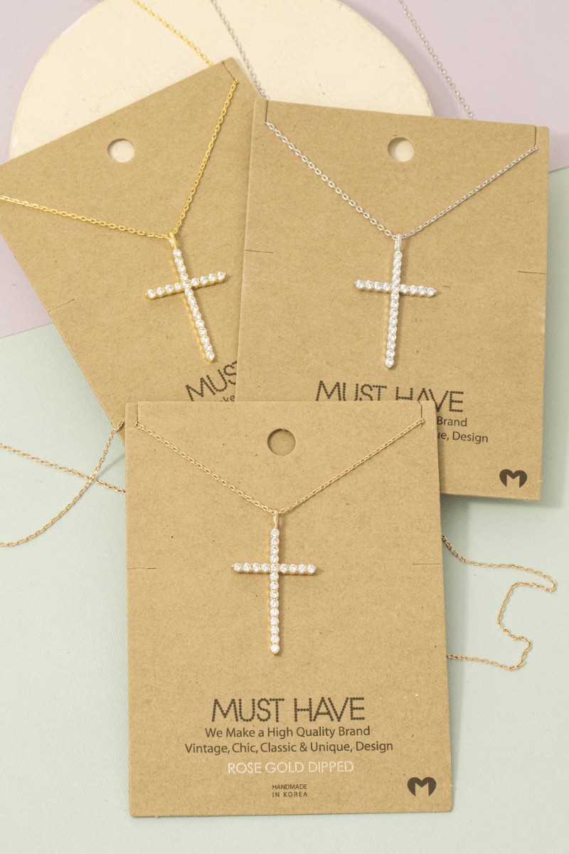 Gold Dipped Pave Cross Pendant Chain Necklace