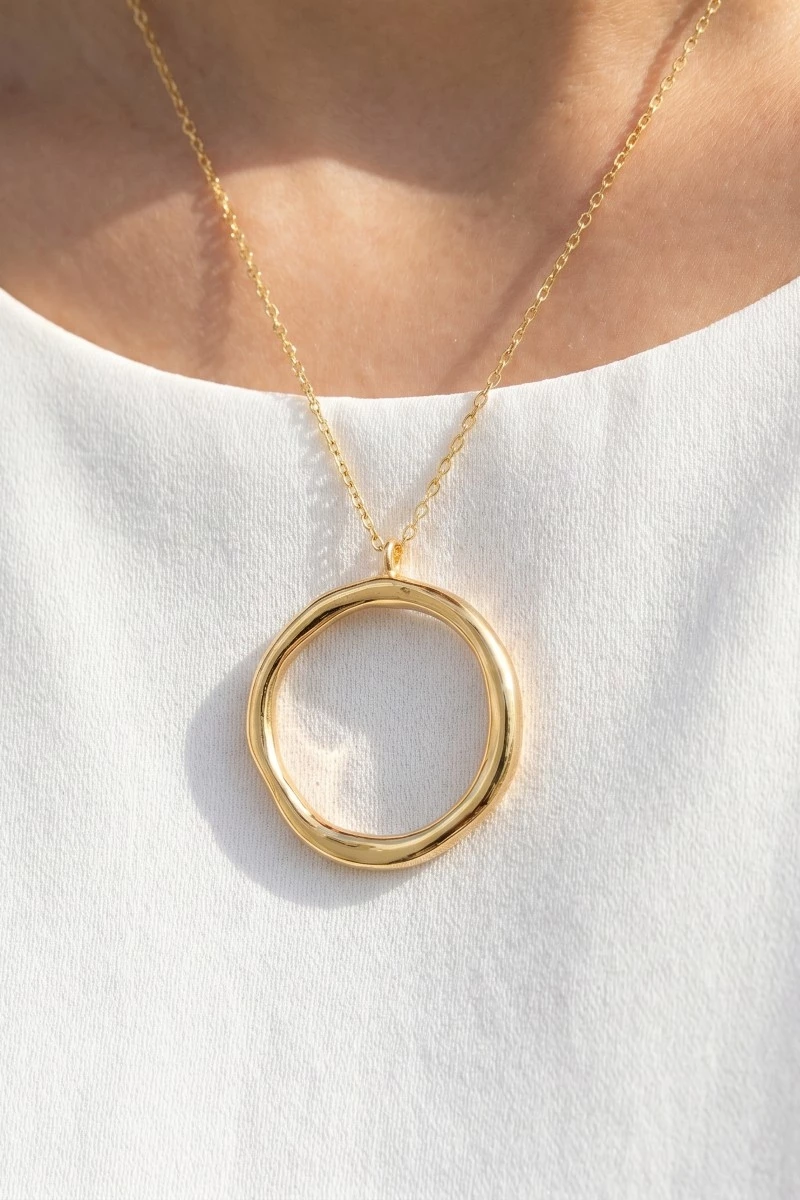 Gold Dipped Warped Metallic Hoop Pendant Necklace