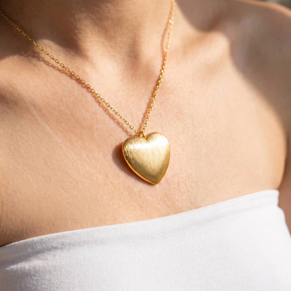 Brushed Puffy Heart Pendant Necklace