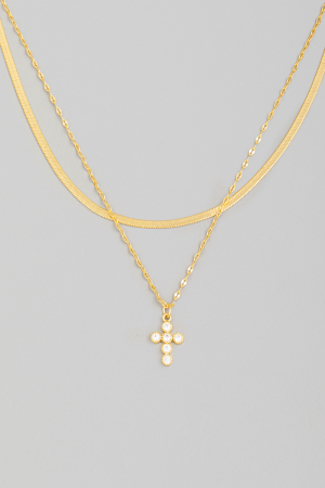 Mini Rhinestone Cross Charm Layered Necklace