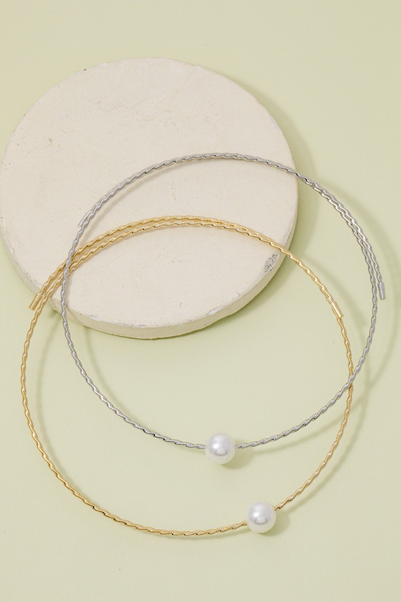 Metallic Torque Collar Pearl Bead Necklace