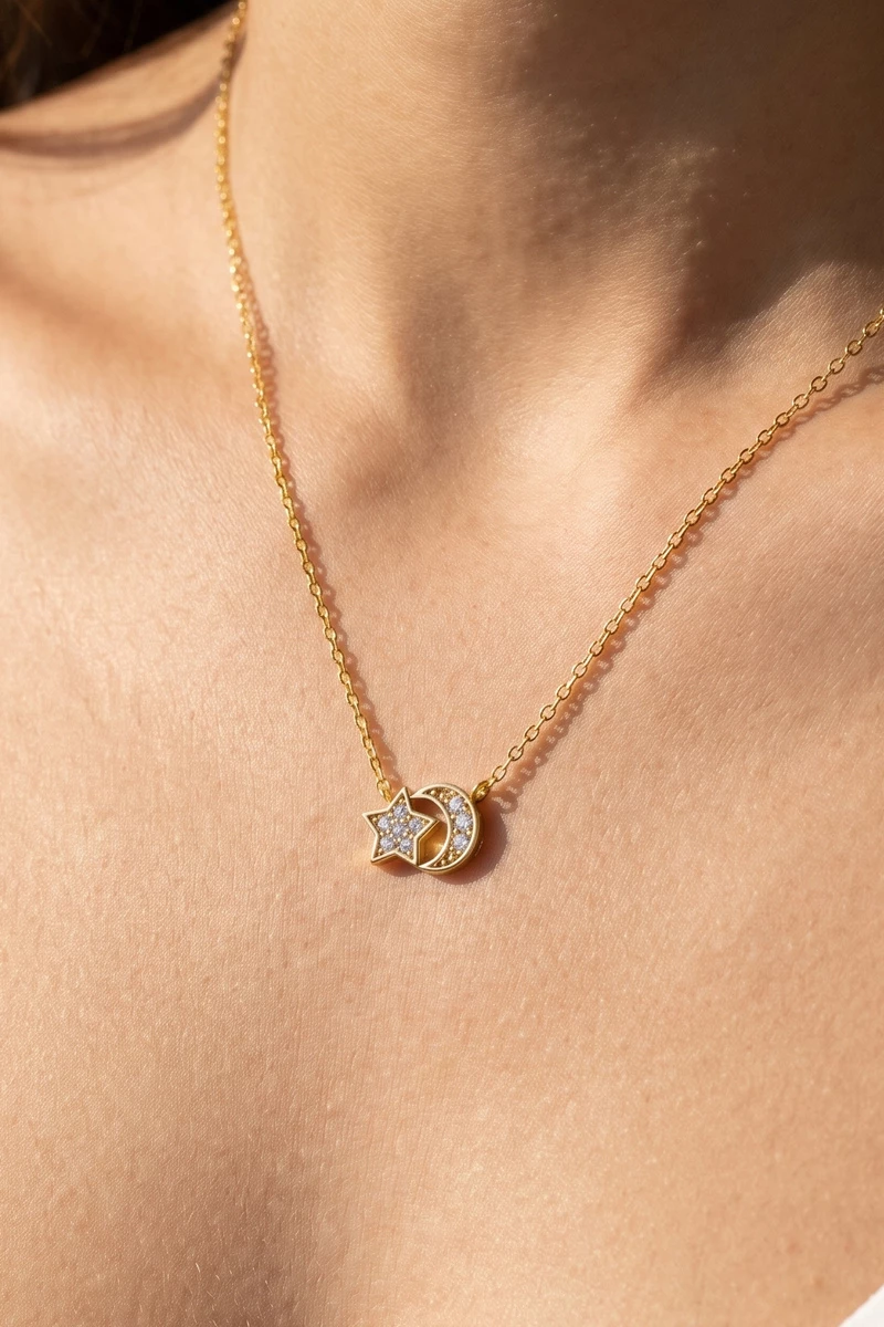 Cz Star And Crescent Moon Charm Station Necklace
