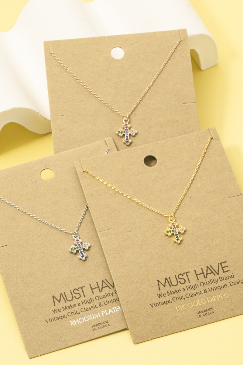Gold Dipped Cz Rainbow Pave Cross Pendant Necklace