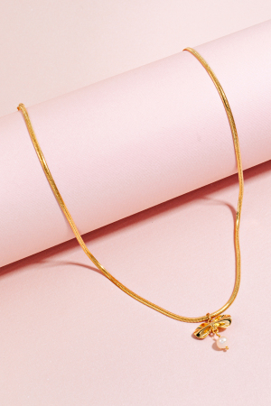 Pearl Bead And Ribbon Bow Pendant Chain Necklace