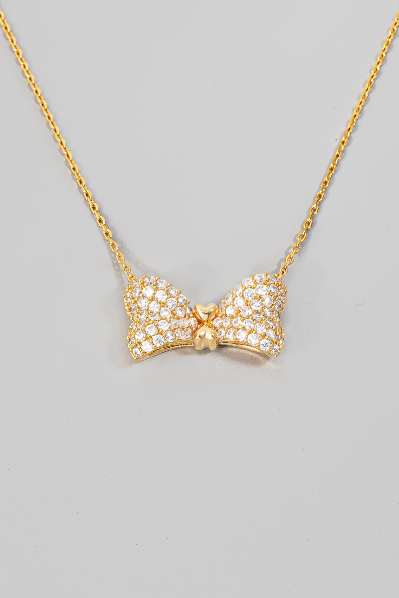 Rhinestone Pave Ribbon Bow Pendant Necklace