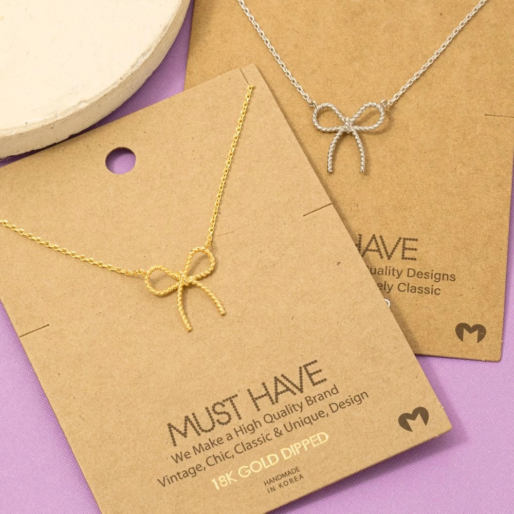 Gold Dipped Textured Ribbon Bow Pendant Chain Necklace