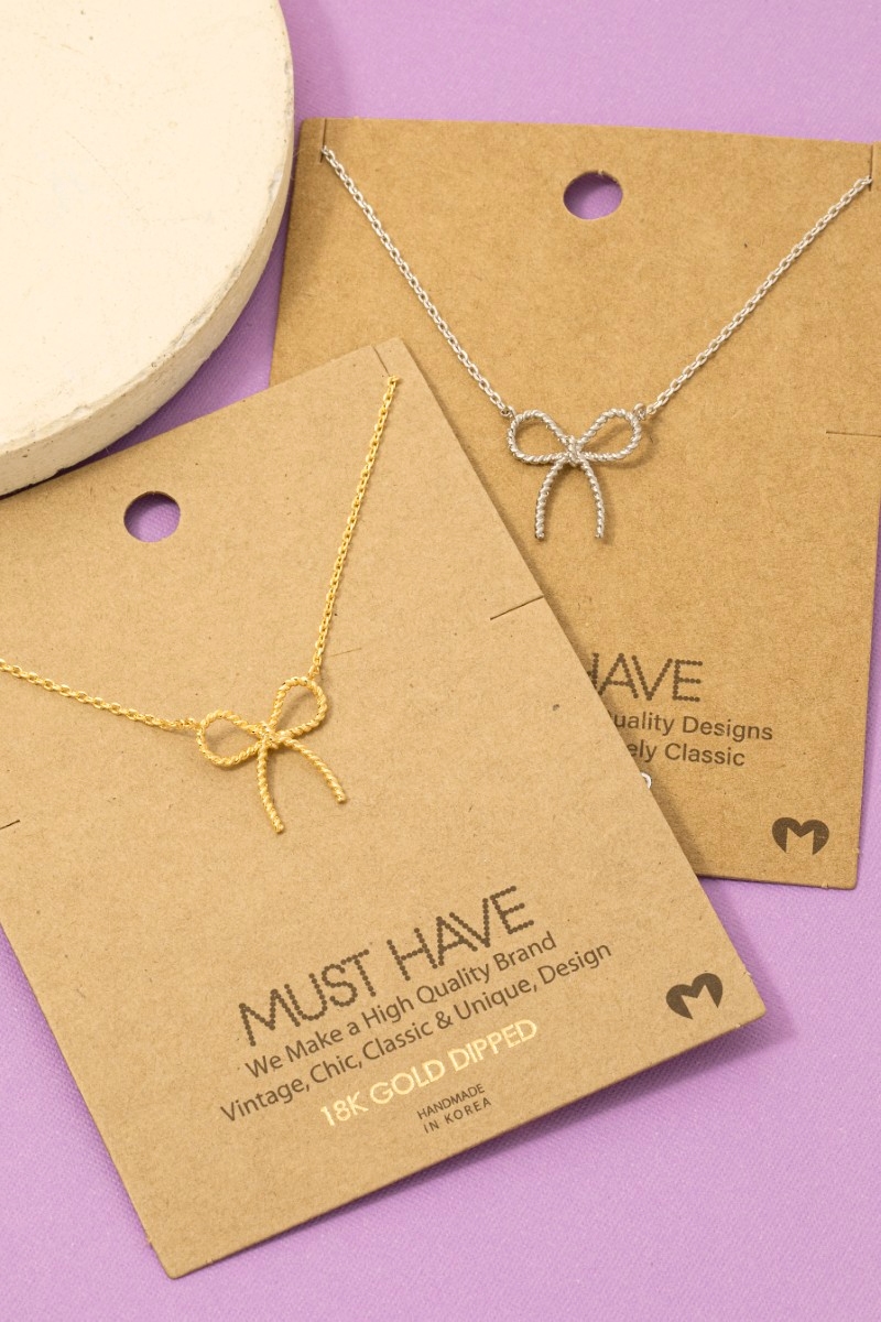 Gold Dipped Textured Ribbon Bow Pendant Chain Necklace