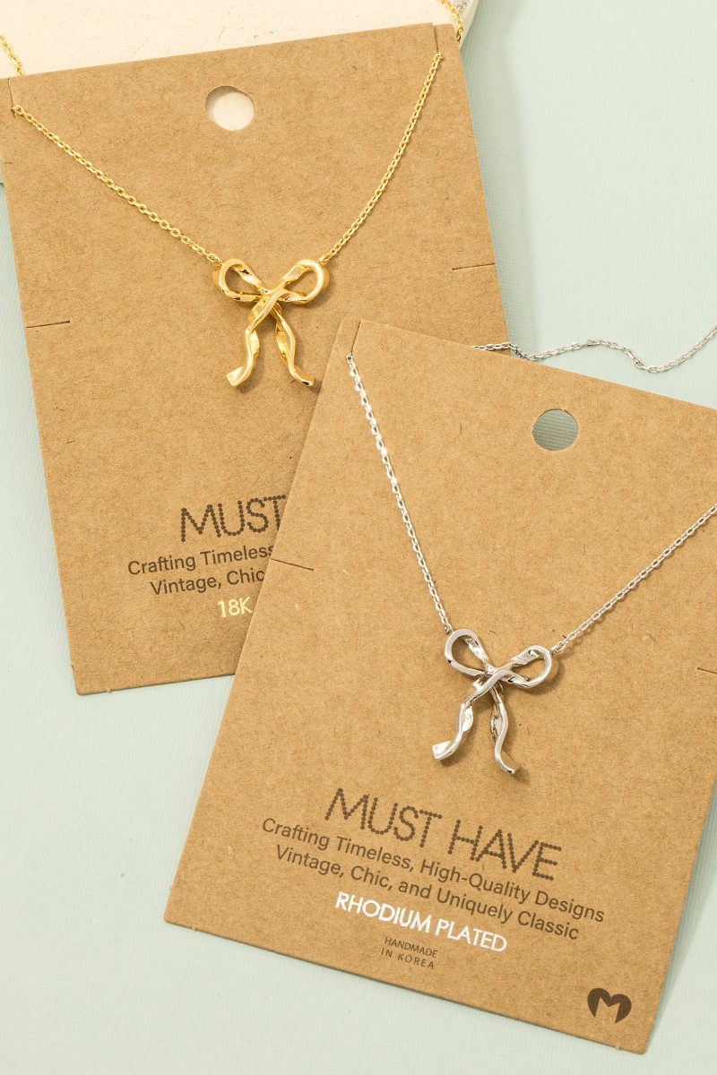 Gold Dipped Long Ribbon Bow Pendant Necklace