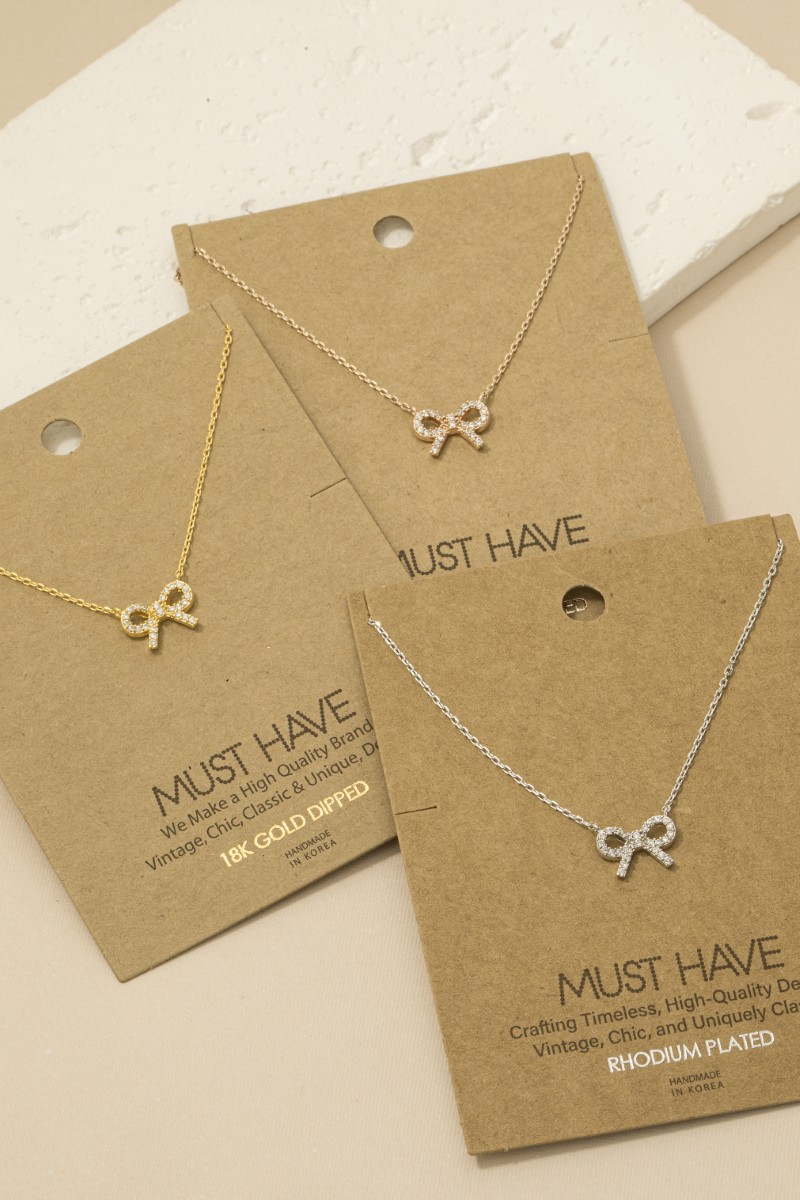 Gold Dipped Cz Stud Ribbon Bow Pendant Necklace