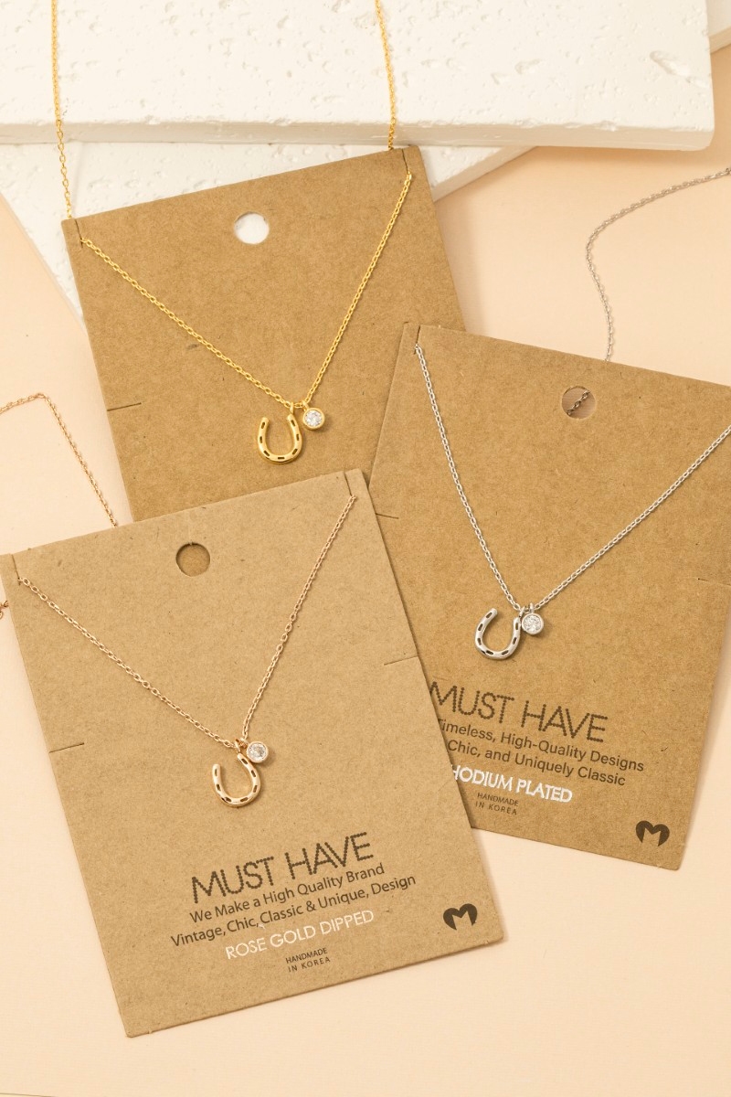 Gold Dipped Horse Shoe And Cz Charm Necklace