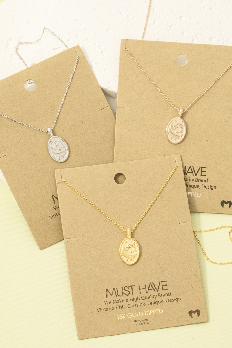 Gold Dipped Dolphin And Whale Oval Pendant Necklace