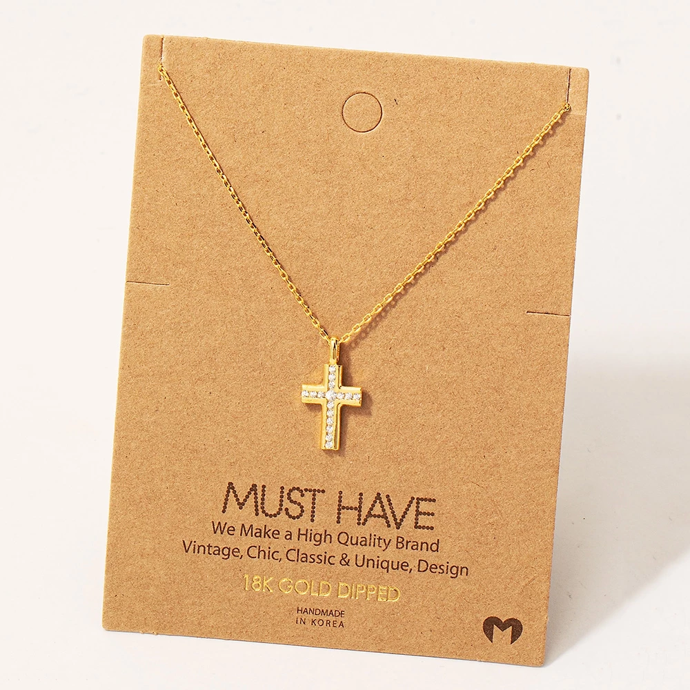 Gold Dipped Cz Pave Cross Pendant Necklace
