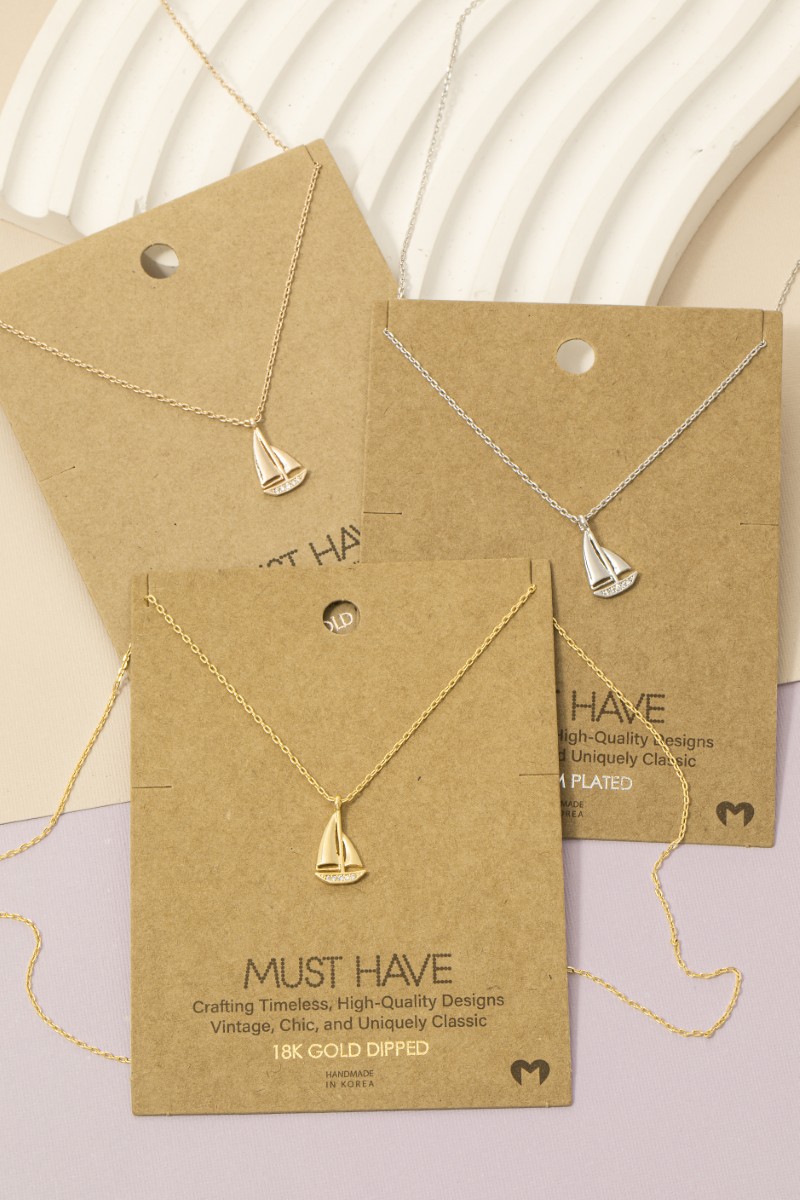 Gold Dipped Cz Pave Sailboat Pendant Necklace
