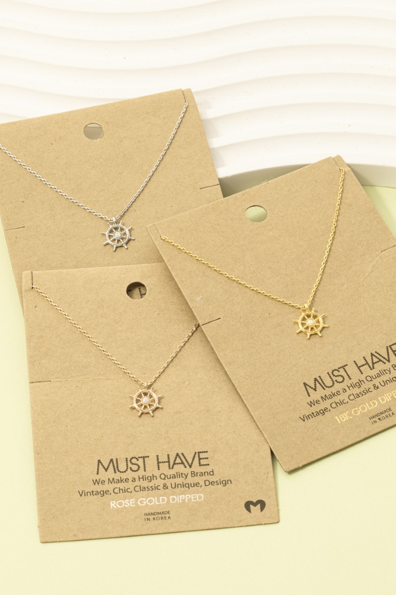 Gold Dipped Opal Stud Ship Wheel Pendant Necklace