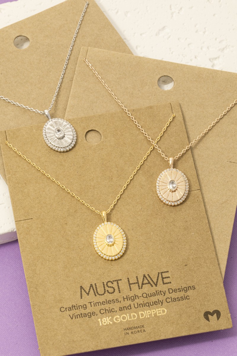 Gold Dipped Intricate Cz Halo Oval Pendant Necklace