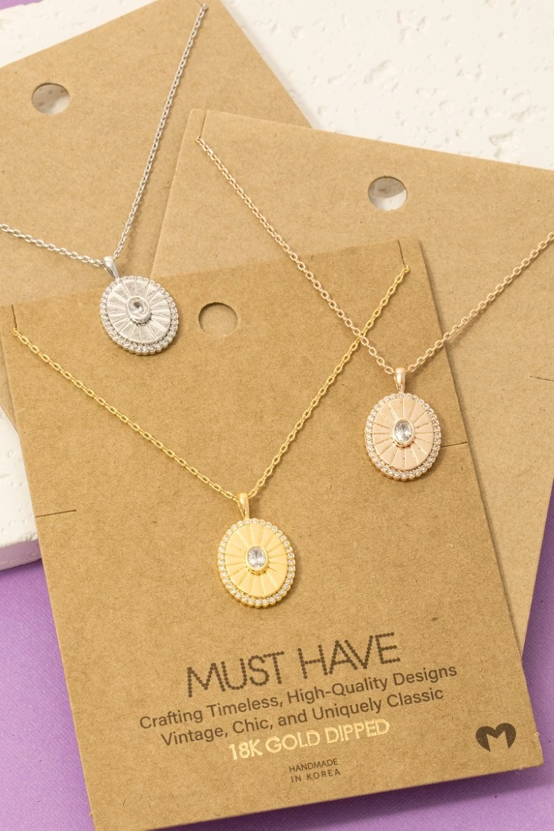 Gold Dipped Intricate Cz Halo Oval Pendant Necklace