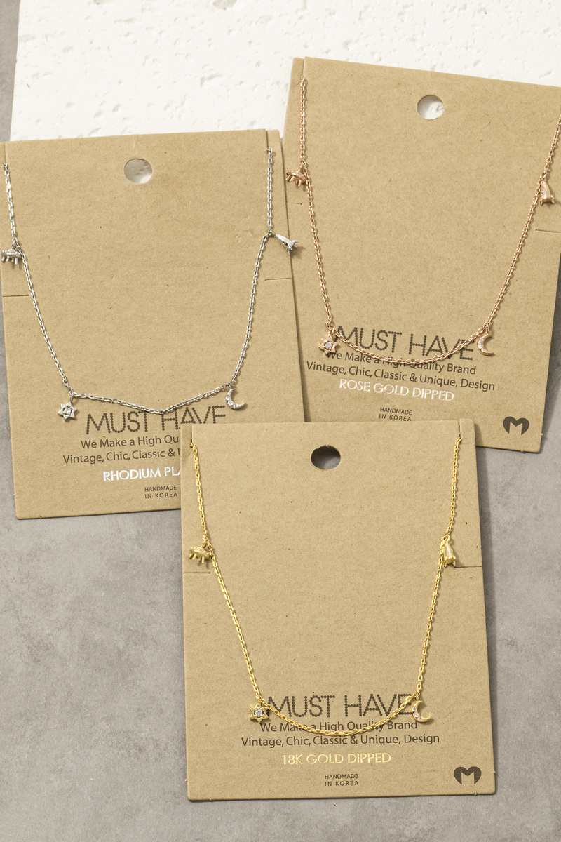 Cz Star Moon Multi Charm Station Necklace