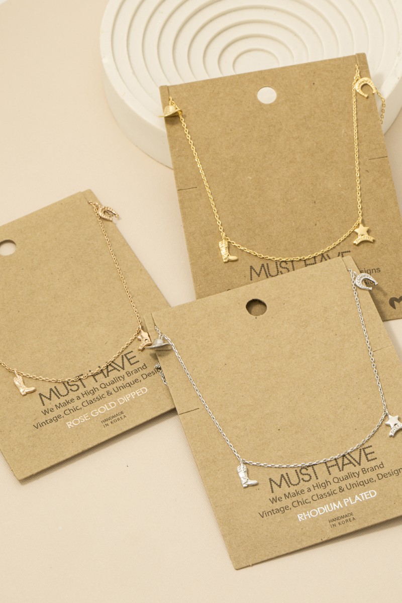 Gold Dipped Cowboy Theme Charms Chain Necklace