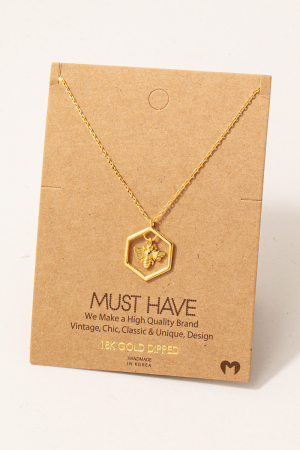 Gold Dipped Bumble Bee Hexagon Pendant Necklace