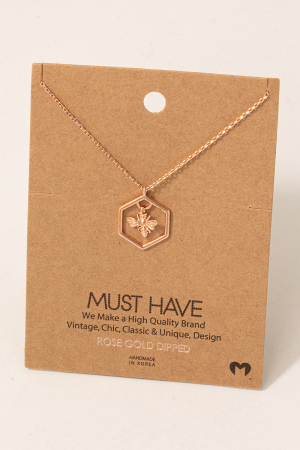 Gold Dipped Bumble Bee Hexagon Pendant Necklace