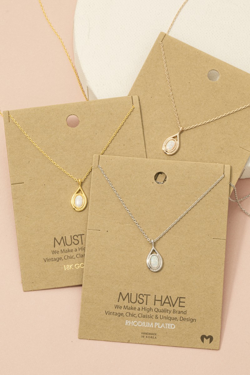 Gold Dipped Opal Tear Stud Pendant Necklace