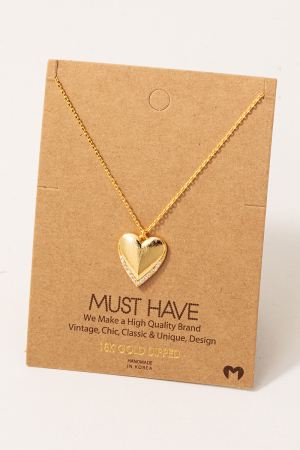 Gold Dipped Cz Pave Edge Heart Pendant Necklace