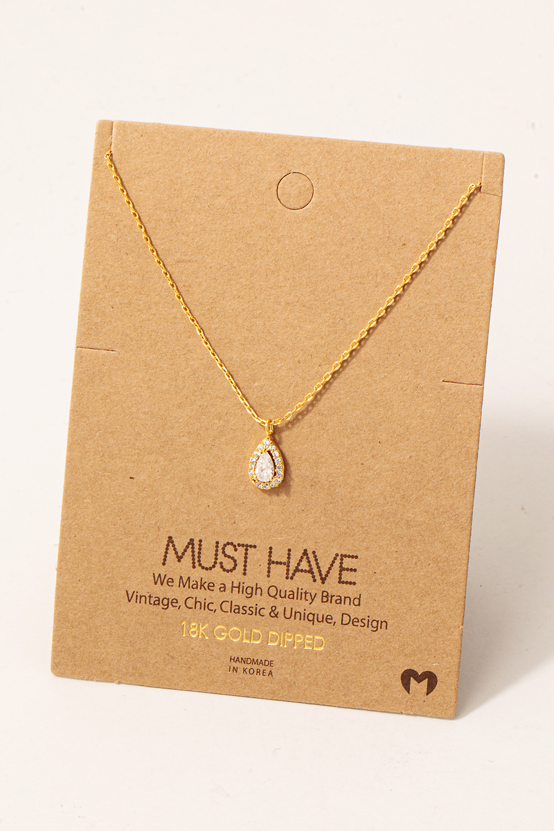 Gold Dipped Cz Halo Tear Pendant Necklace