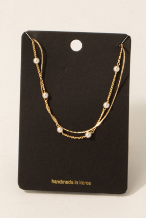 Pearl Station Bead Charms Layered Chain Necklace
