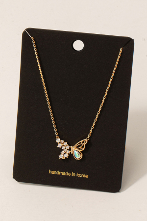Rhinestone And Iridescent Studded Butterfly Pendant Necklace