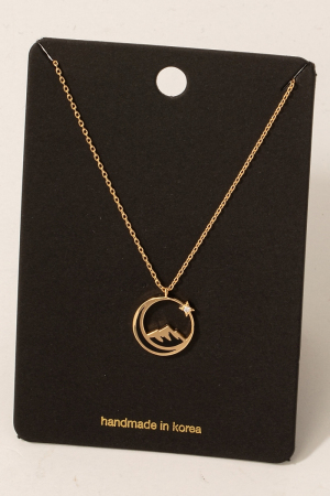 Enamel Moon Mountain And Cz Star Pendant Necklace