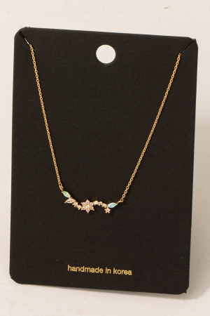 Mixed Mini Cubic Zirconia Flower Leaf Bar Pendant Necklace