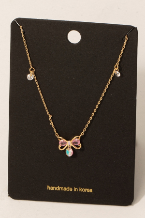 Cz Ribbon Bow Pendant Chain Necklace