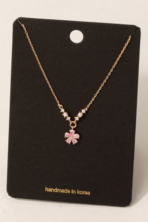 Cz Baguette Flower Pendant Chain Necklace