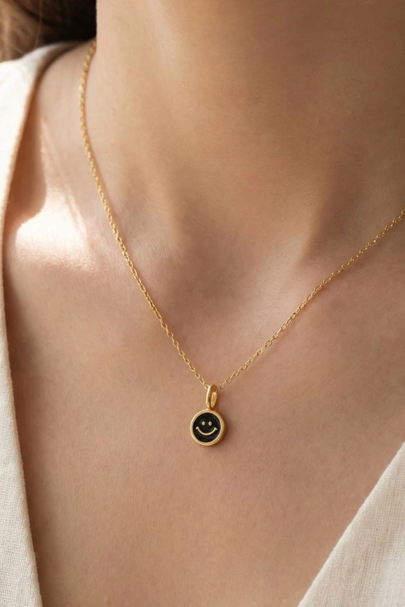 Gold Dipped Epoxy Smiley Face Pendant Necklace