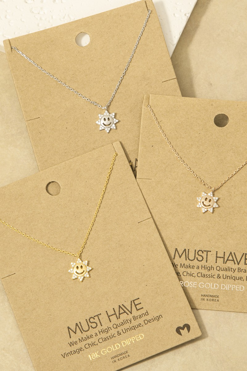 Gold Dipped Pave Cz Smiley Sun Pendant Necklace
