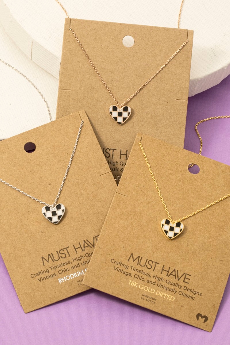 Gold Dipped Epoxy Checkered Heart Pendant Necklace