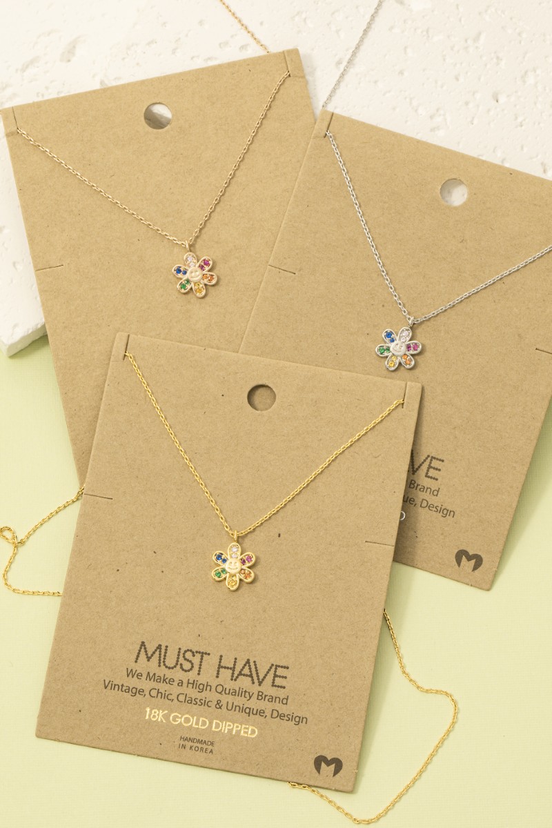 Gold Dipped Rainbow Cz Smiley Face Flower Pendant Necklace