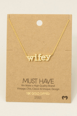 Gold Dipped Cz Pave Wifey Pendant Necklace