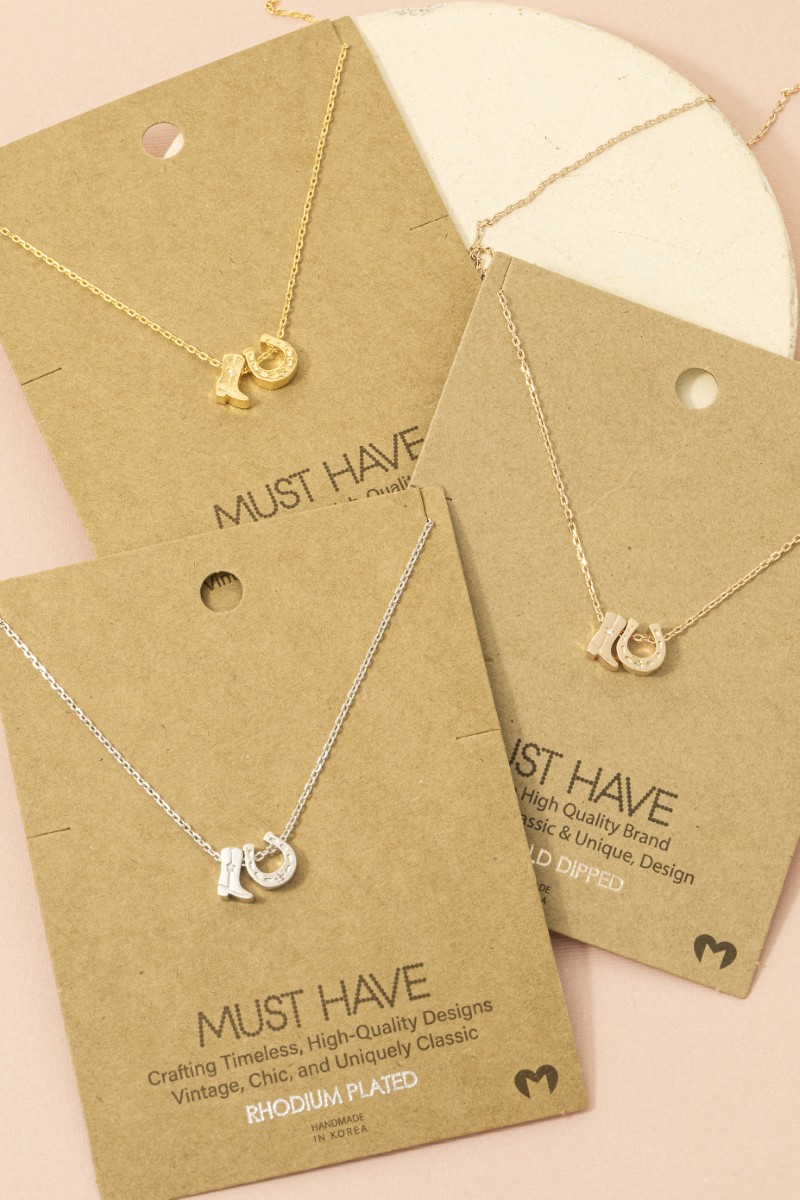 Gold Dipped Cowboy Boots Horse Shoe Charm Necklace