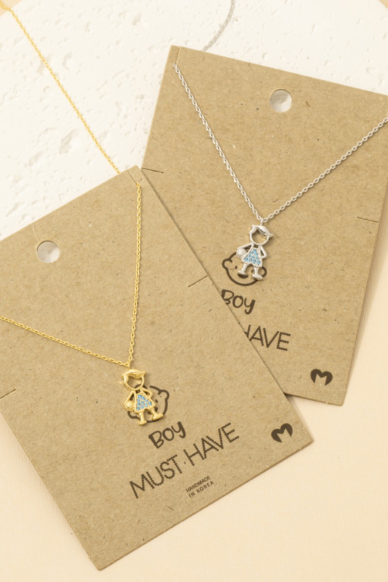 Gold Dipped Cz Studded Boy Figure Pendant Necklace