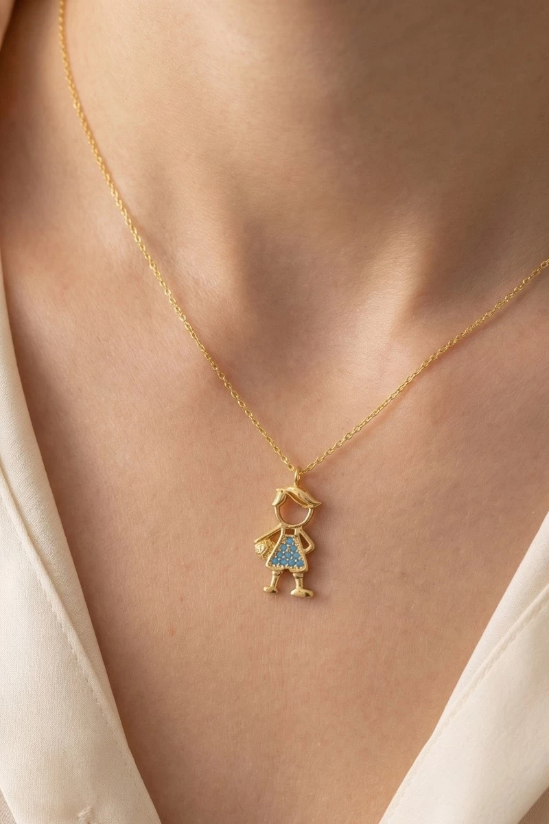 Gold Dipped Cz Studded Boy Figure Pendant Necklace