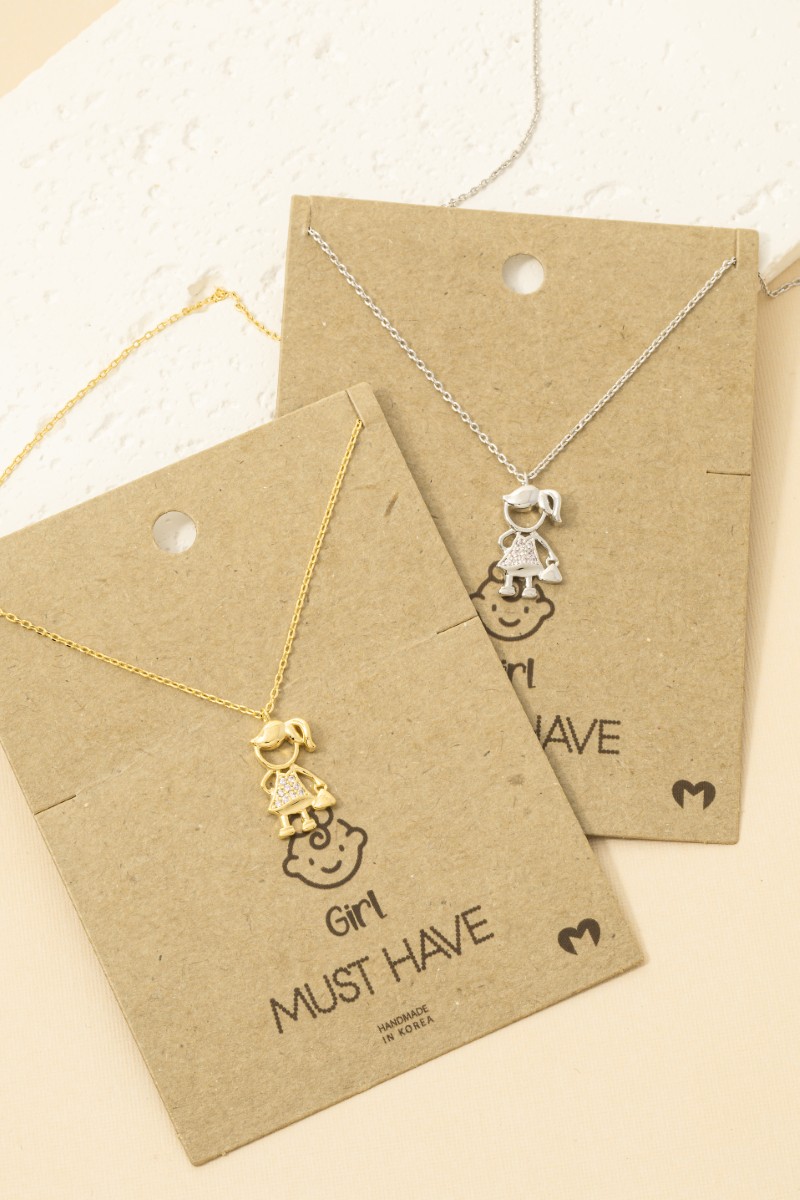 Gold Dipped Cz Studded Girl Figure Pendant Necklace